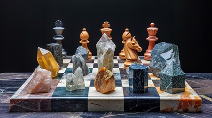 Chessboard with Rare Earth Element Pieces Create a visual metaphor with a chessboard where the pieces are made from different rare earth elements