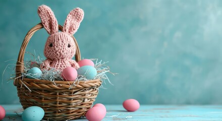 Cute Easter Knitted Bunny in a basket, Pastel colors with copy space for Easter decoration - Powered by Adobe