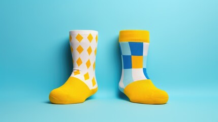 Two mismatched socks on a colorful yellow and light blue geometric shape background, an ode to individuality. Ai Generated.