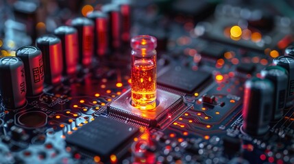 Computer Chips and Europium Show a collection of computer chips with a glowing vial of europium, a rare earth element used in the production of color displays