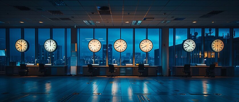Clock with Multiple Time Zones in an Empty Office Photograph a wall clock displaying multiple time zones in an empty office at night