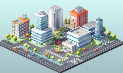 Various Architectural Styles Isometric 3D City Vector Scene, Showcasing Modern Computer Buildings.