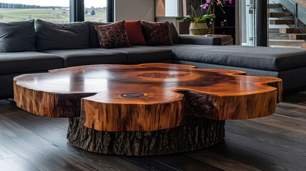 edge tree stump accent coffee table with big couch in room, Minimalist home interior design of modern living room in house