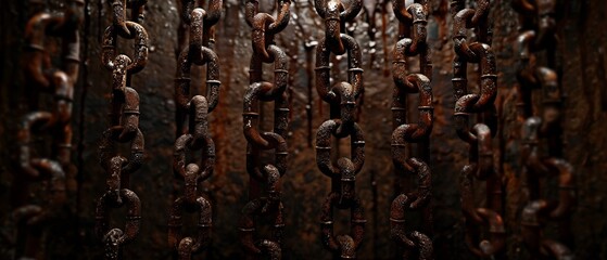Old Rusty Chains Hanging from Ceiling Show rusty chains hanging from the damp ceiling of a dungeon or cellar, evoking captivity and forgotten realms