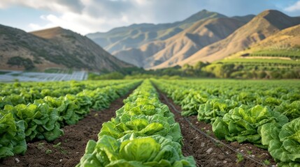 Field of organic lettuce growing in a sustainable farm with beautiful mountains in morning