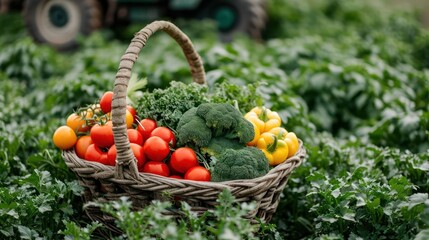 fresh green and mix colored vegetables in big basket in field green plants with agricultural vehical background