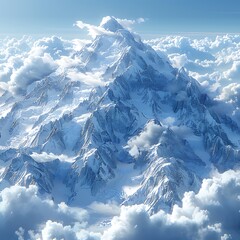 Snow-capped peaks pierce a cloud-filled sky, showcasing the grandeur of nature. 