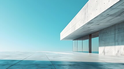 Obraz premium Sleek Modern Minimalist Architecture Rising from Vast Concrete Backdrop Against Clear Blue Sky