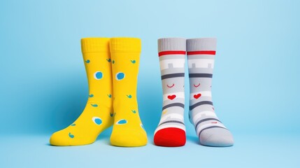 Two mismatched socks on a colorful yellow and light blue geometric shape background, an ode to individuality. Ai Generated.