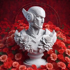 A white marble bust of robot on a flower realistic background ,3d