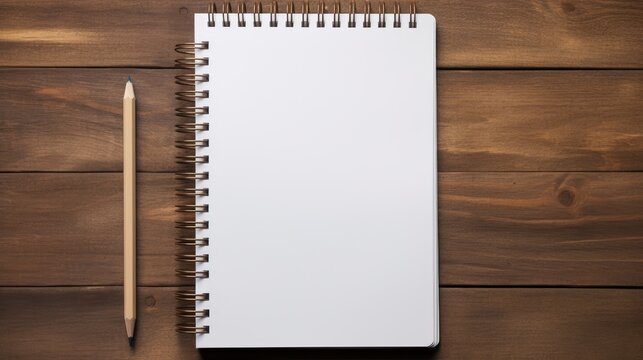 An open blank spiral paper notebook with a wooden pencil on a brown wooden table, an inspiring workspace. Ai Generated.
