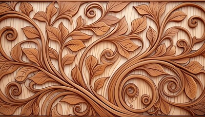 A large wooden wall panel with abstract carvings, made from cherry wood with a subtle sheen.