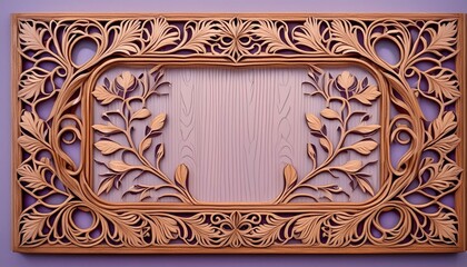 A large rectangular mirror framed with teak wood, featuring a border of intricate leaf carving 