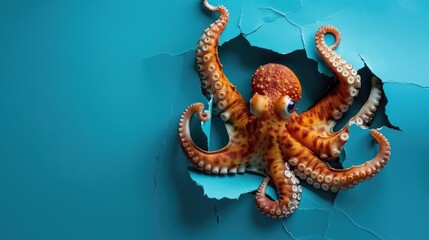 Fototapeta premium A humorous octopus peers through a ripped hole in a contrast pastel color paper background, Ai Generated