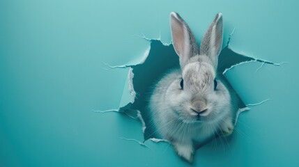 A humorous rabbit peers through a ripped hole in a contrast pastel color paper background, Ai Generated