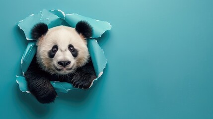 A humorous panda peers through a ripped hole in a contrast pastel color paper background, Ai...