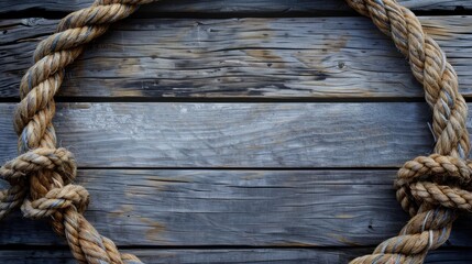 Fototapeta premium Nautical background featuring a rope shaped as a circle on a wood backdrop. Ai Generated.