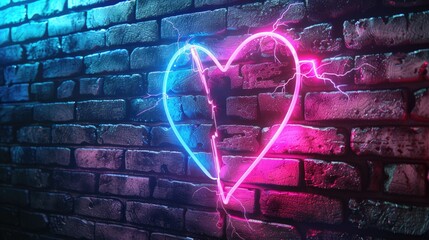Neon sign in the shape of a broken heart on a brick wall, emitting a somber glow. Ai Generated.