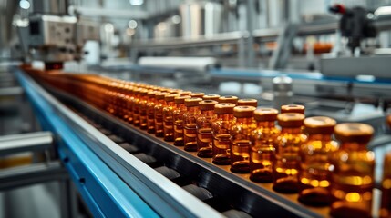 Fototapeta premium Medical vials on production line at pharmaceutical factory, Pharmaceutical machine working pharmaceutical glass bottles production line