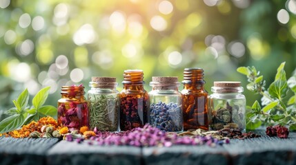 Medicinal herbs and tinctures alternative medicine in jars on table with leaves
