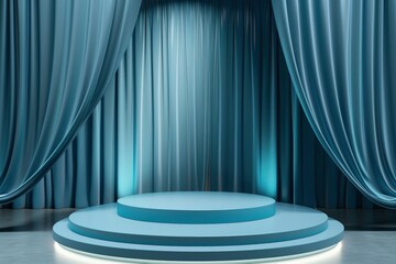 3d podium blue background and fabric curtain with spotlight luxury - generative ai