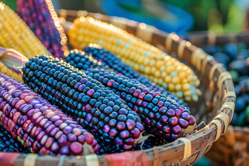 Vibrant Corn Harvest: A basket overflowing with colorful corn cobs, showcasing a stunning array of purple, yellow, and red hues. The image evokes the bounty of nature, the beauty of diversity, and the