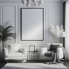 3D depiction of a black frame mockup in a traditional white environment with contemporary furniture