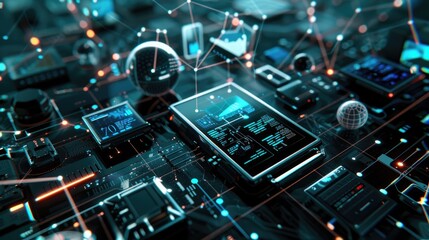 Digital planet Earth connected with tech devices and icons. Ai Generated