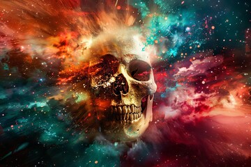 skull exploding in colorful space abstract digital illustration