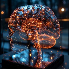 Translucent brain scan with neural networks illuminated, showcasing different activity centers