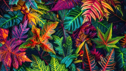 Creative backdrop with fluorescent exotic leaves pattern, evoking jungle fauna, Ai Generated.