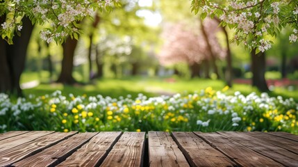 Spring Table With Trees In Blooming And Defocused Sunny Garden In Background copy space