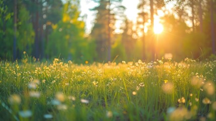 Summer Beautiful spring perfect natural landscape background, Defocused green trees in forest with wild grass and sun beams