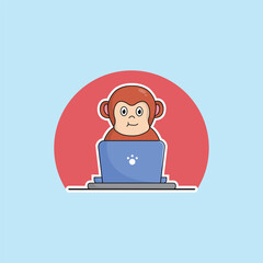 cute monkey cartoon working at laptop vector illustration animal technology concept premium vector flat cartoon