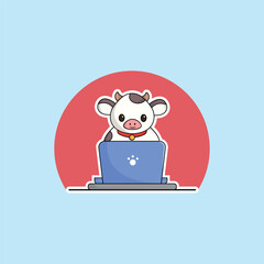 cute cow cartoon working at laptop vector illustration animal technology concept premium vector flat cartoon