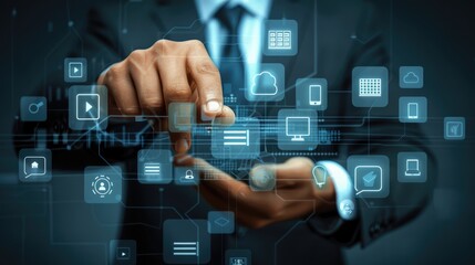 Businessman presses virtual media buttons on screen. Ai Generated