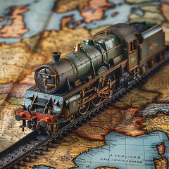Vintage steam locomotive model resting on a faded antique map of Europe.