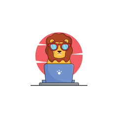 cute lion cartoon working at laptop vector illustration animal technology concept premium vector flat cartoon