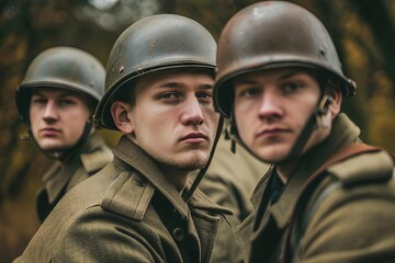 three young caucasian soldiers in helmets and retro military uniform world war concept photo