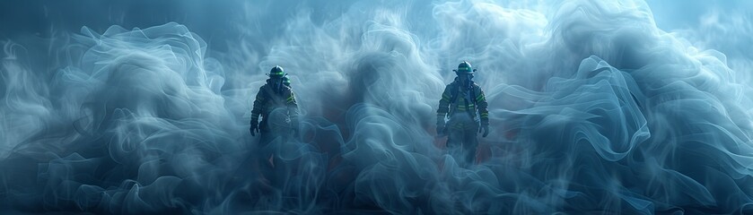 Two men in green and red costumes stand in front of a cloud of smoke