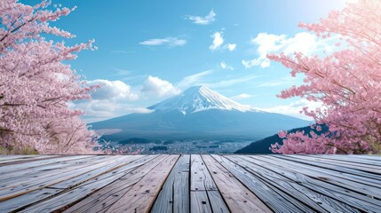 wooden floor with mountain and cherry blossoms in spring