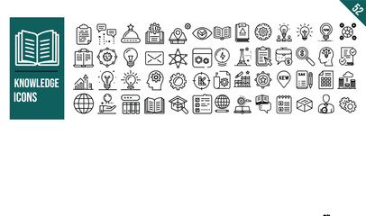 Set of 52 outline icons related to knowledge. Linear icon collection. Vector illustration