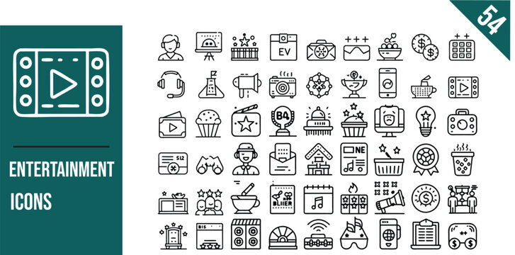 Set of 54 outline icons related to entertainment. Linear icon collection. Vector illustration