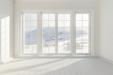 Fototapeta premium empty room in white color with winter landscape in window. Scandinavian interior design.