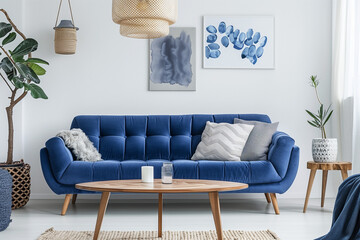 Boho Home interior with blue sofa, wooden table and decor in white living room, panorama, Soft tone