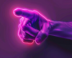 We need you human hand with the finger pointing or gesturing towards you in neon light style with text on dark purple background Bright vector neon illustration light website banne