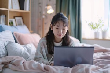 virtual learning studious asian girl attends online class from cozy bedroom elearning concept