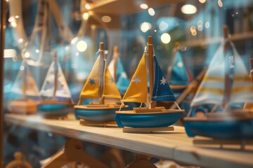 wooden toy sailboats displayed in a showcase decoration concept digital illustration
