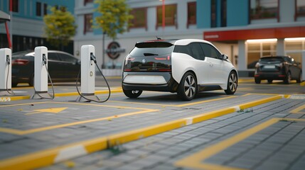 Power supply connect to electric car for add charge to the battery. Charging re technology industry transport which are the future of the Automobile.