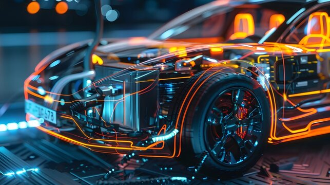 Power supply connect to electric car for add charge to the battery. Charging re technology industry transport which are the future of the Automobile.
